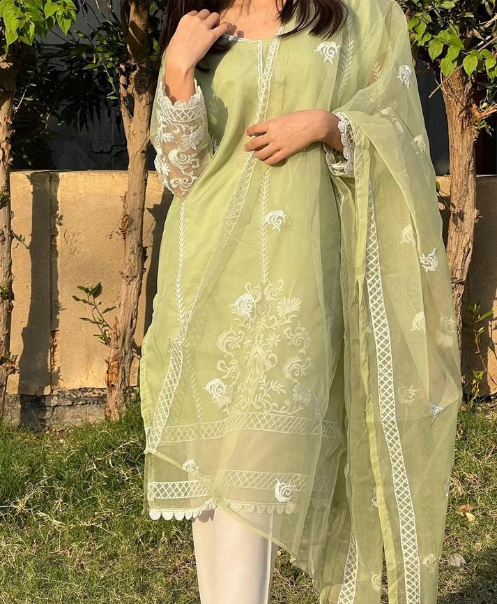 3 Pcs Embroidered Organza Suit Set for Women in Green